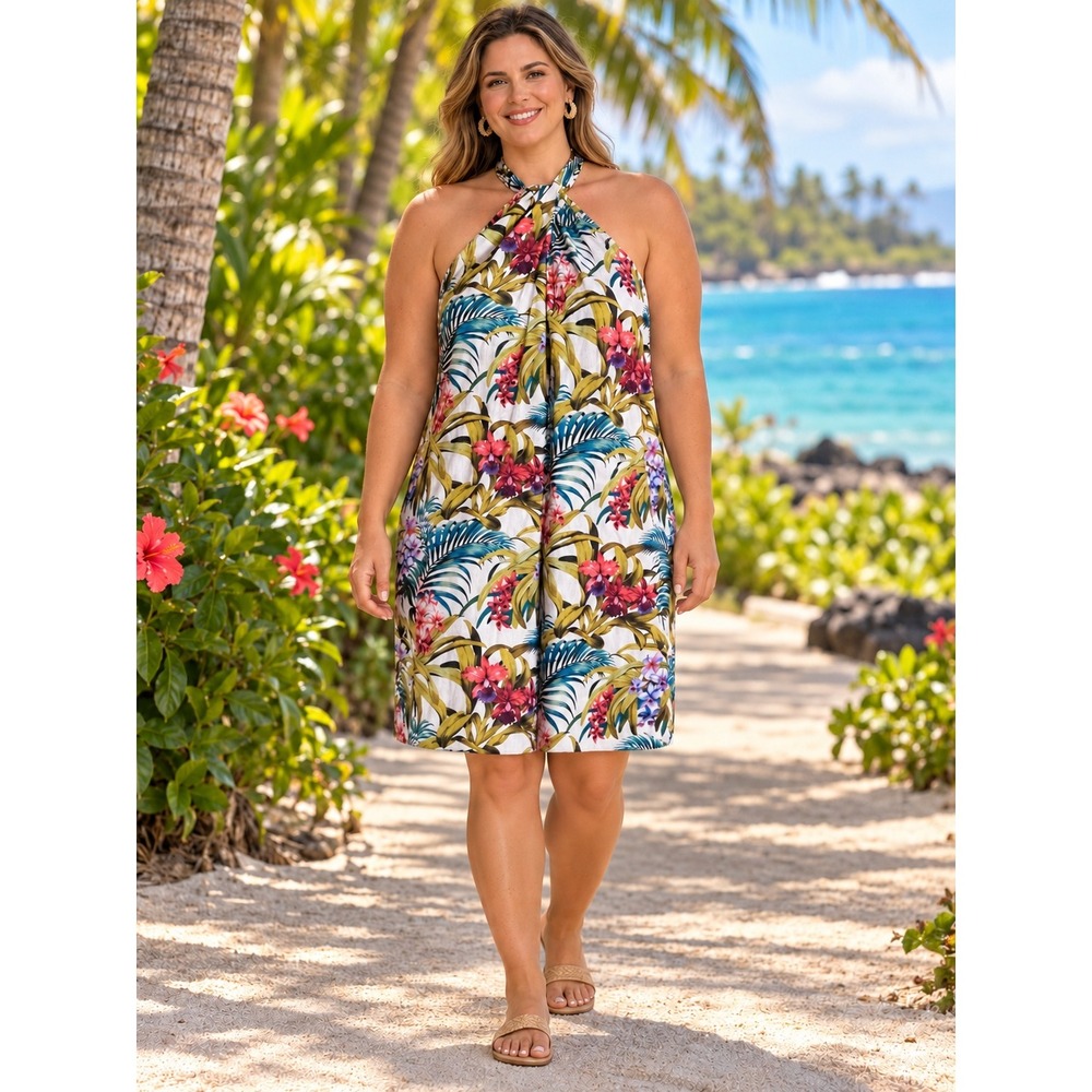 633. Tommy Bahama Size Large Tropical Floral Linen Blend Halter Neck Mini Dress